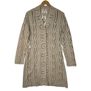 J Jill Crochet Cardigan Womens Beige Long Open‎ Knit Duster Boho Sweater